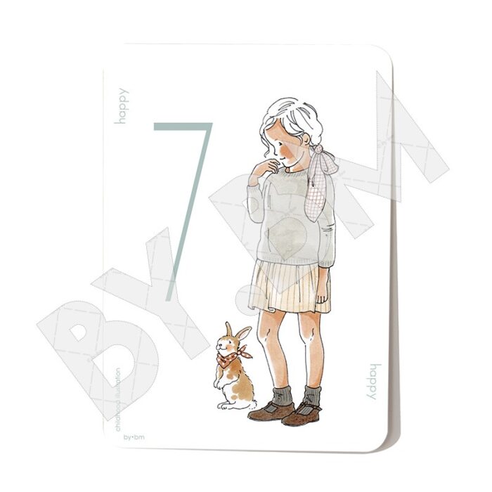 Carte postale avec un dessin représentant une petite fille, un lapin et un chiffre 7
