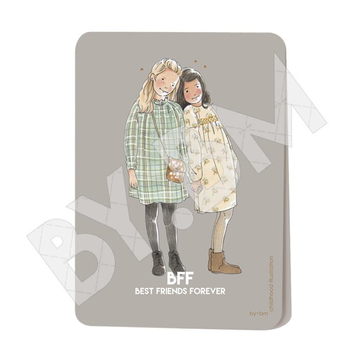 Carte postale avec un dessin original représentant deux petites filles qui se tiennent la main,