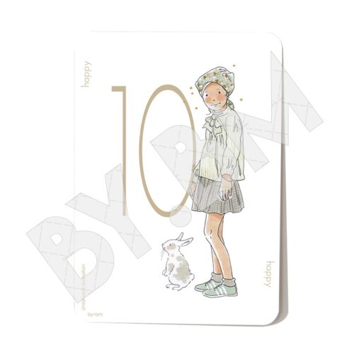 Carte postale avec un dessin original représentant une petite fille, un lapin et un chiffre 10