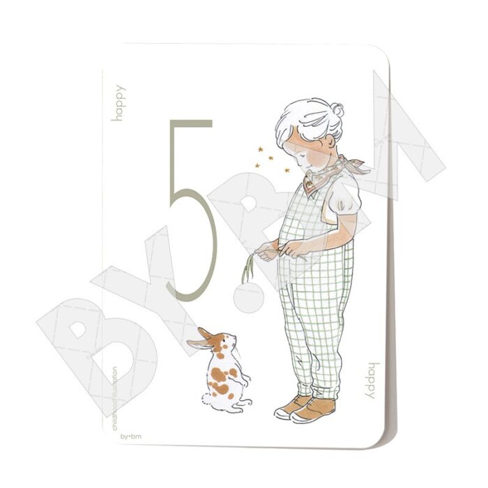 Carte postale avec un dessin original représentant une petite fille, un lapin et un chiffre 5