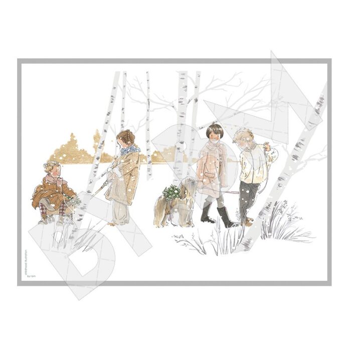 Poster illustré avec un dessin représentant des enfants en train de jouer dans le neige