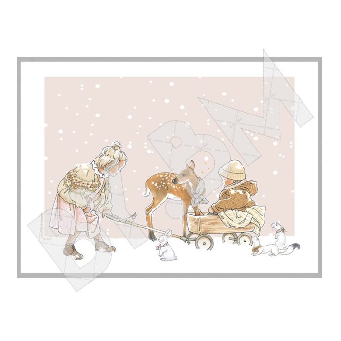 Poster illustré avec un dessin représentant des enfants en train de jouer dans le neige en fin d'après midi d'hiver